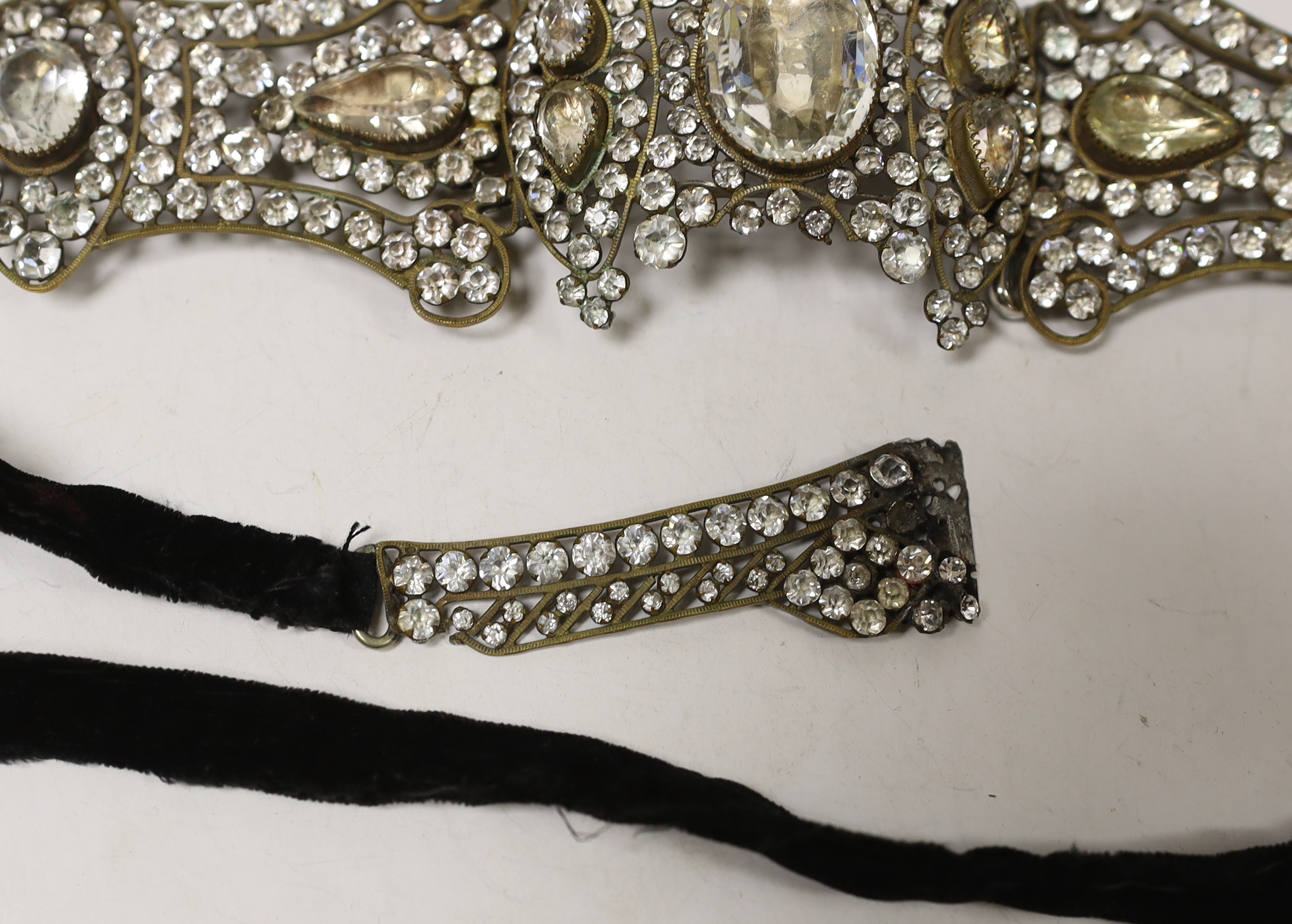 A paste cluster set black sash belt, (a.f.)